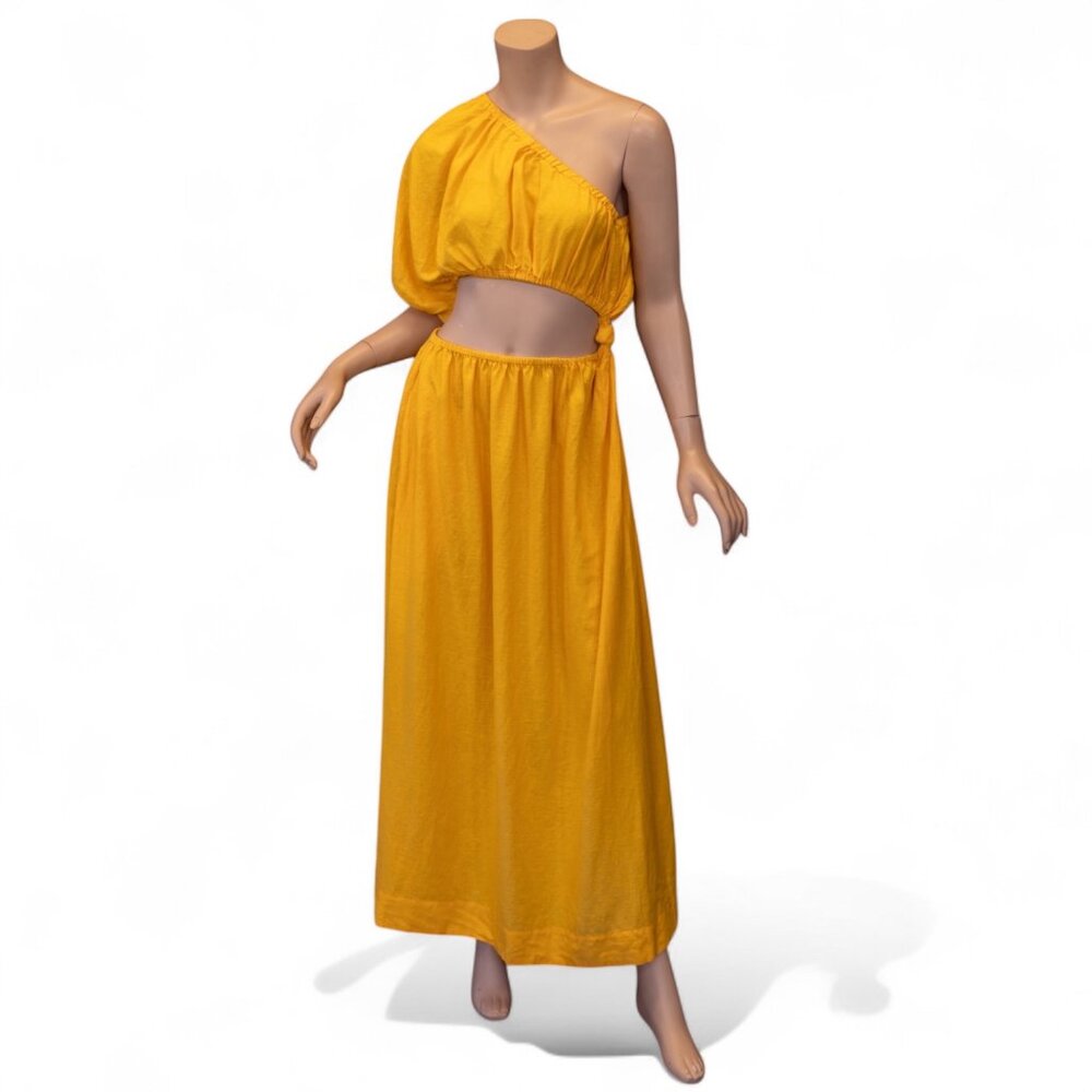 FARM RIO Yellow One-Shoulder Open Waist Maxi Dress – Size M – Linen Blend